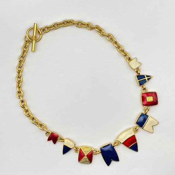 NWOT Vtg TRIFARI Flag Nautical Necklace Red White Blue Gold Tone Toggle Clasp - Picture 2 of 8